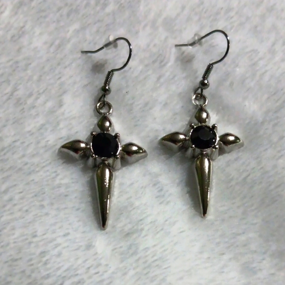 Edgy Silver Cross Earrings With Black Stone 7$